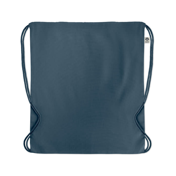 A drawstring bag in a dark blue colour, featuring a simple design and matching drawstrings.