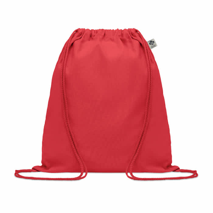 A drawstring backpack in vibrant red with matching drawstrings and a simple design.