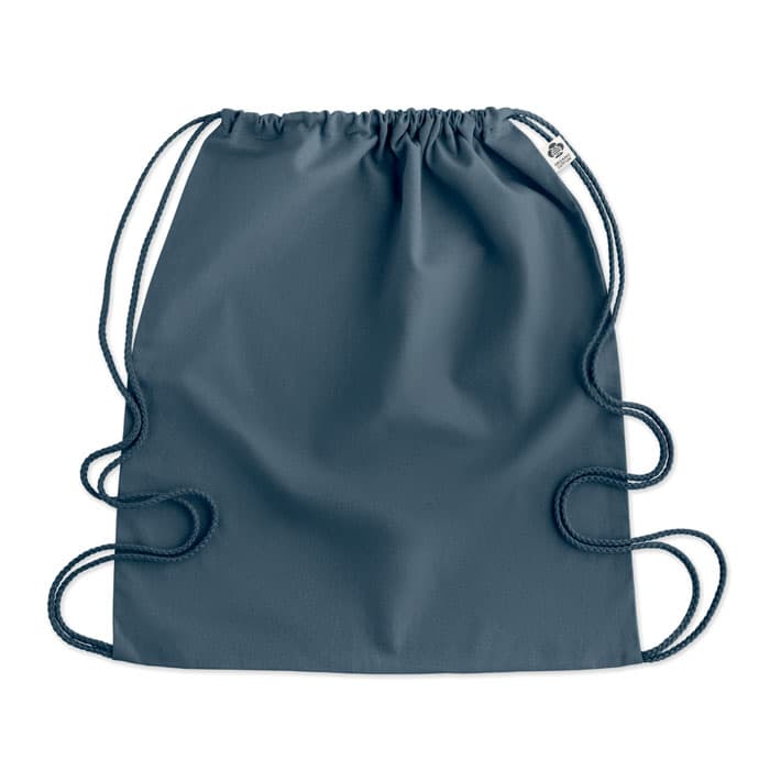 A drawstring bag in navy blue with matching cords, featuring a simple, unadorned design.