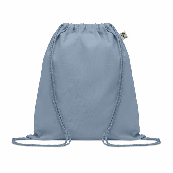 A drawstring bag in a soft blue colour with matching cords and a small logo tag.