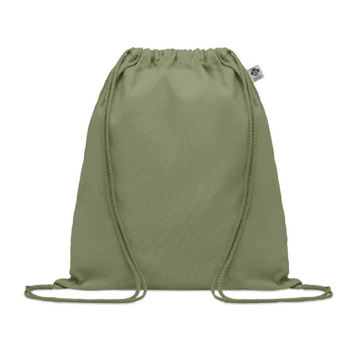 A drawstring bag in olive green featuring a simple design and two adjustable cords. Includes a small logo tag.