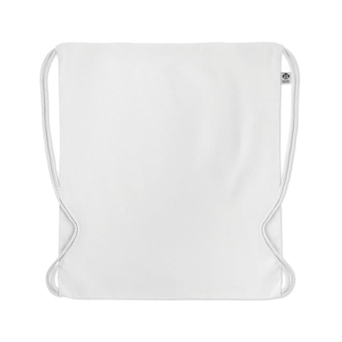 A drawstring bag in plain white with contrasting drawstrings, featuring a small logo tag.