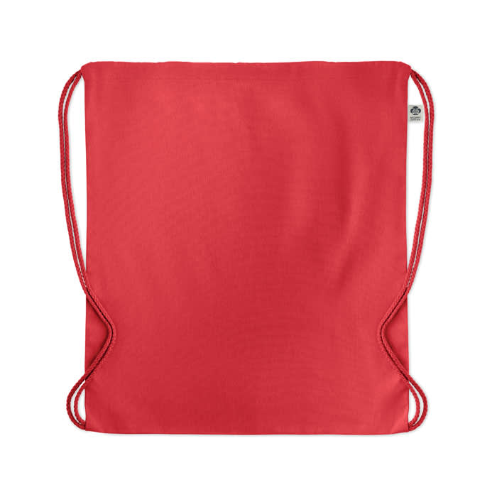 A drawstring bag in vibrant red with matching cords, featuring a simple and minimalist design.