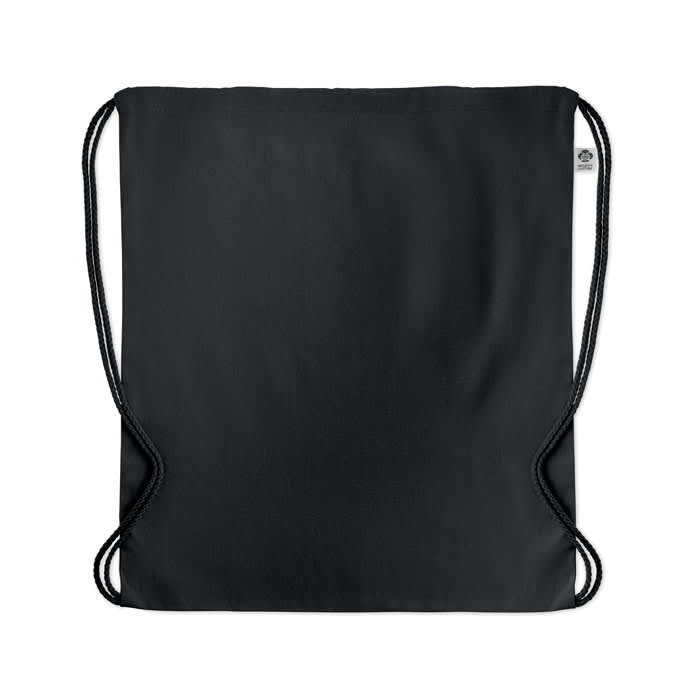 A drawstring bag in solid black with adjustable cords for closure. Features a simple and sleek design.