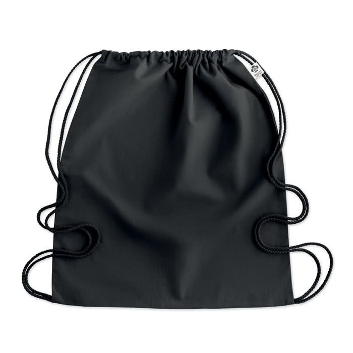 A drawstring backpack in solid black with contrasting black cords. Features a simple, unadorned design.