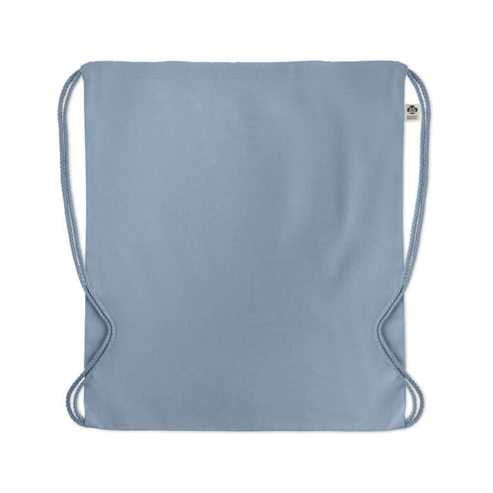 A drawstring bag in a soft blue colour, featuring two cord handles and a simple design. It has a logo tag on the side.