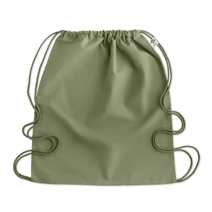 A drawstring backpack in a muted olive green colour with matching straps, featuring a simple and minimalist design.