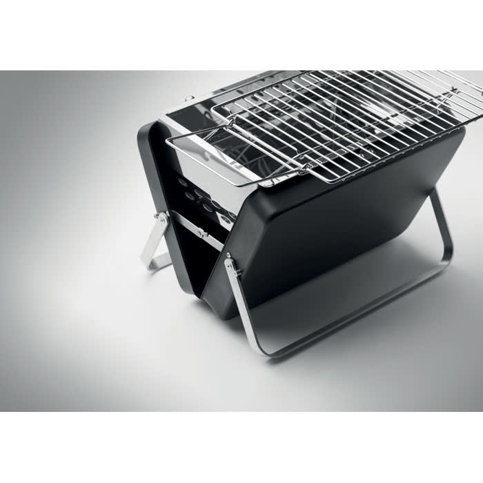 A portable black barbecue grill featuring a stainless steel cooking rack and foldable design.