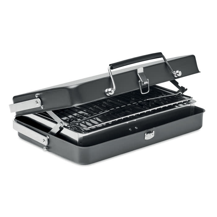 A portable black barbecue grill with a lid opened, revealing a cooking grate inside. It has a sturdy handle and latches.