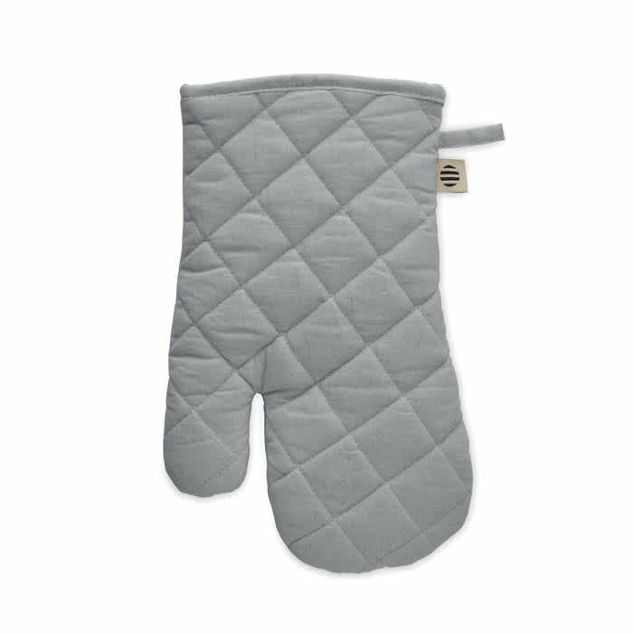 A grey oven mitt with a quilted pattern and a hanging loop for storage. It features a simple branding tag.