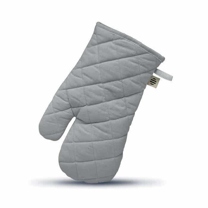 A grey quilted oven mitt with a hanging loop for easy storage.