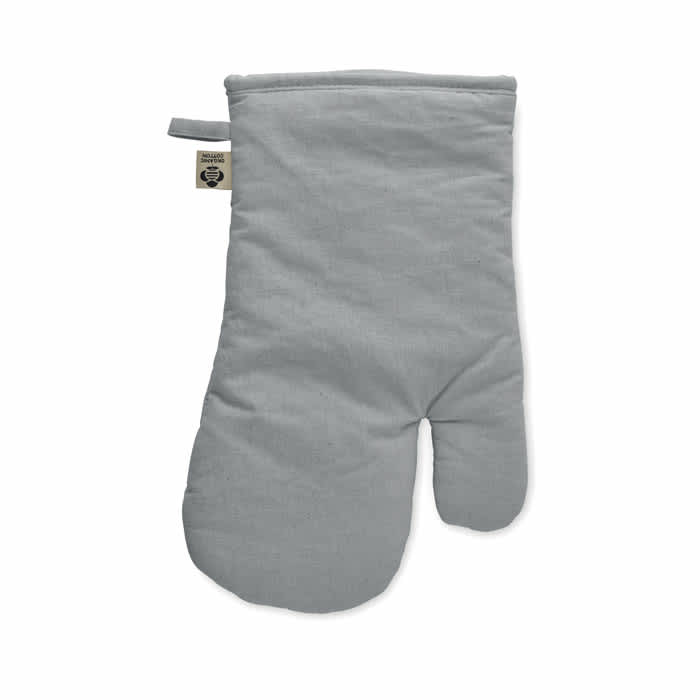 A grey oven mitt with a loop for hanging, featuring a small label.