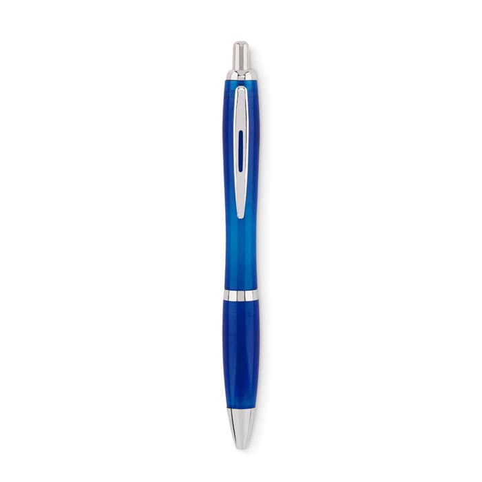 A blue and turquoise pen with silver accents, featuring a sleek design and smooth finish.