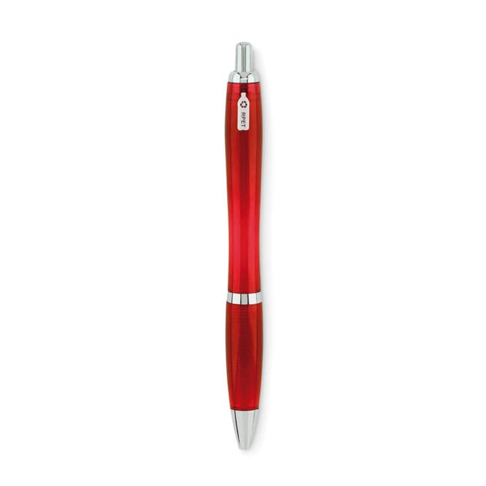 A red pen with silver accents and a logo, featuring a sleek, modern design.