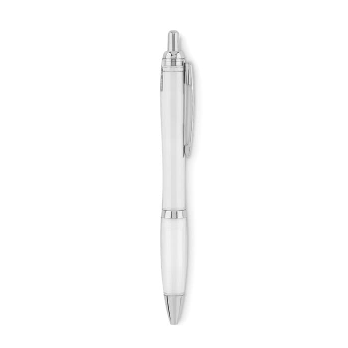 A pen with a transparent barrel and silver accents, featuring a clip and a chrome tip.