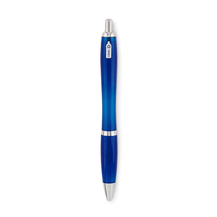 A pen with a gradient blue body and silver accents, featuring a logo on the barrel.