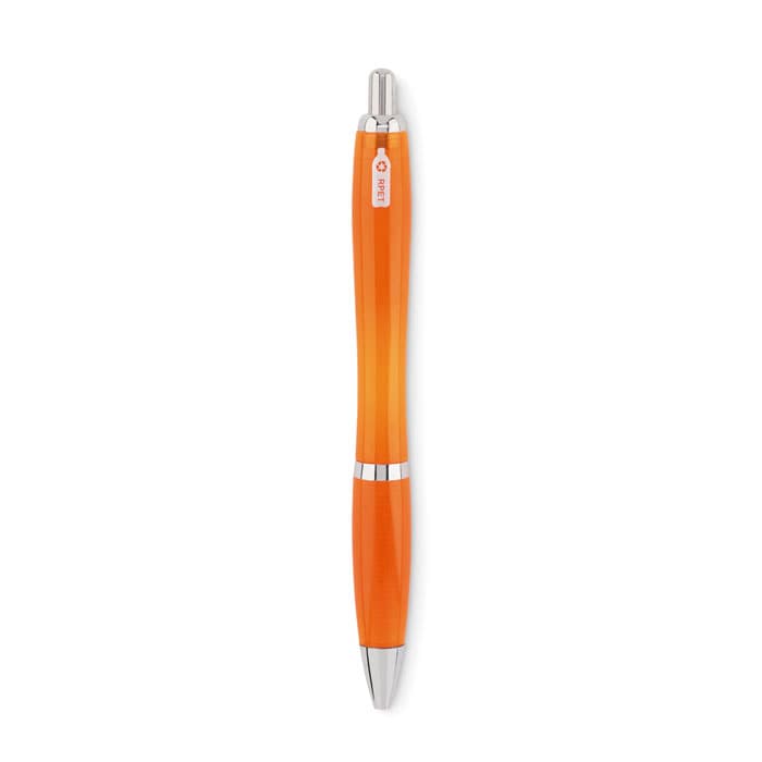 An orange pen with a sleek design and silver accents, featuring a logo on the body.
