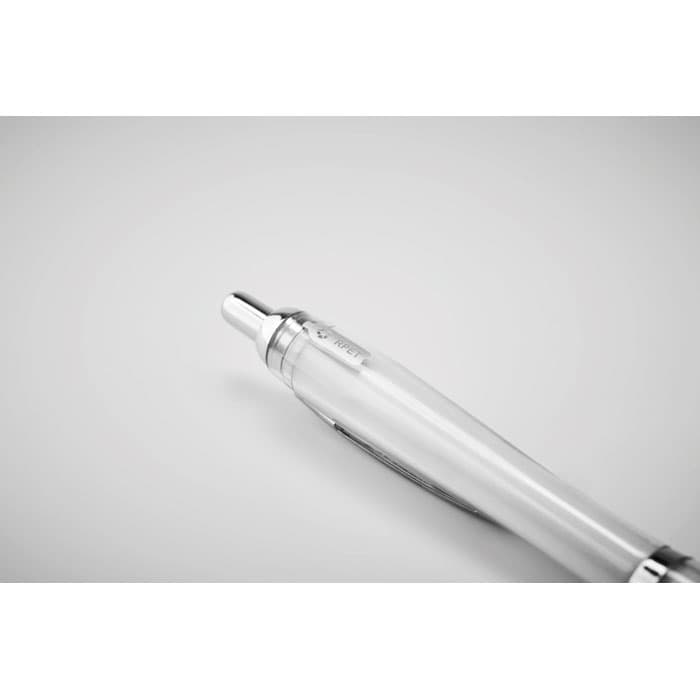 A silver pen with a shiny clip and decorative elements, featuring a logo on its side.