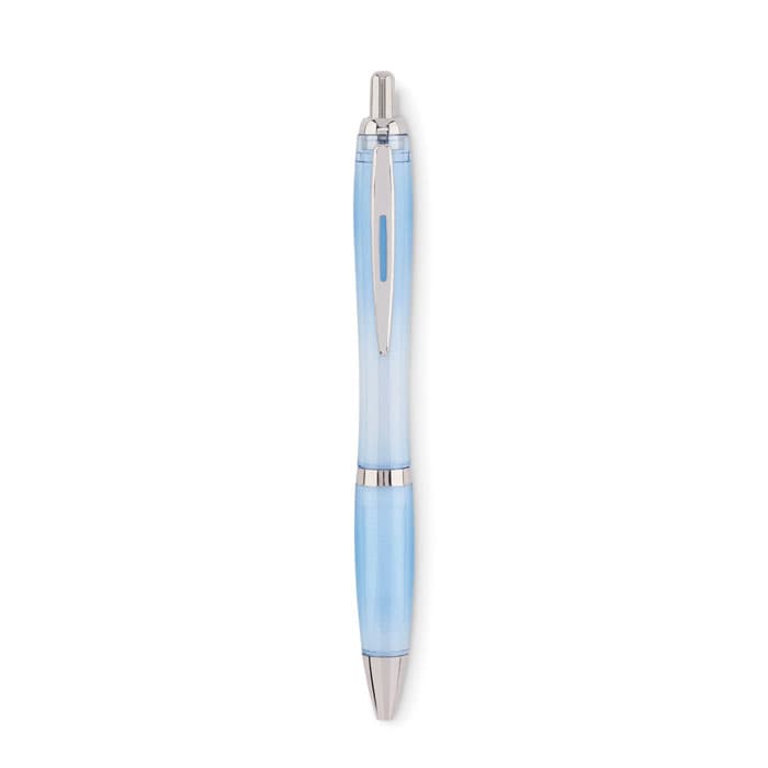 A blue pen featuring a smooth gradient, with chrome accents and a click mechanism. It has a branding logo on the barrel.