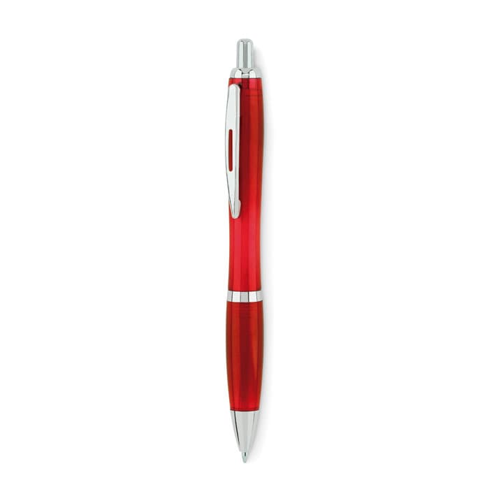 A red pen with chrome accents, featuring a sleek design and a clip for easy attachment.