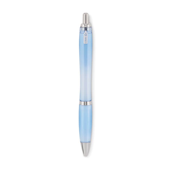 A blue gradient pen with silver accents and a logo.