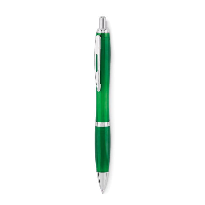 A green pen with a glossy finish, featuring silver accents and a push-button mechanism.