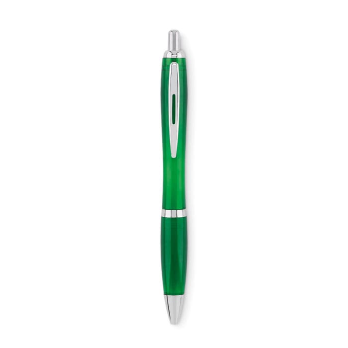 A green pen with silver accents, featuring a sleek design and a clip for easy attachment.
