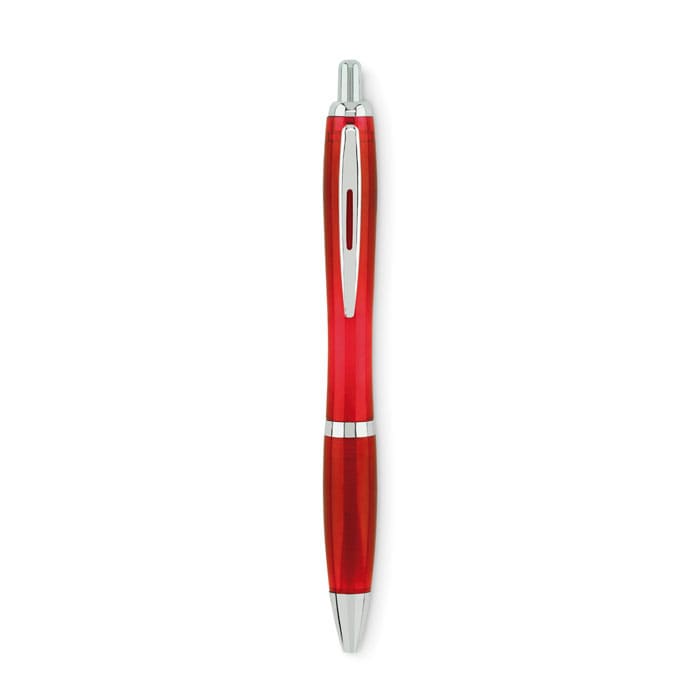 A red pen with a shiny silver clip and tip, featuring a transparent barrel.