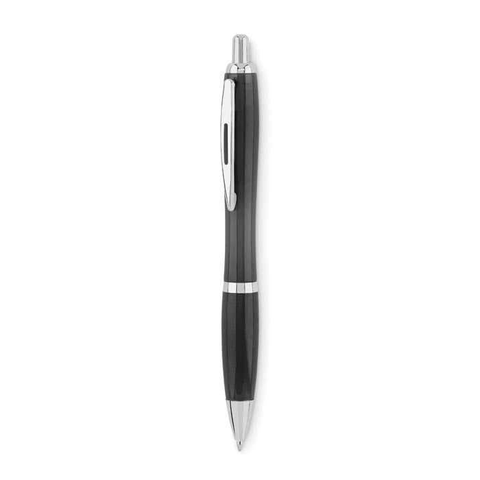 A black pen with silver accents and a smooth barrel design. Features a clip and a shiny tip.