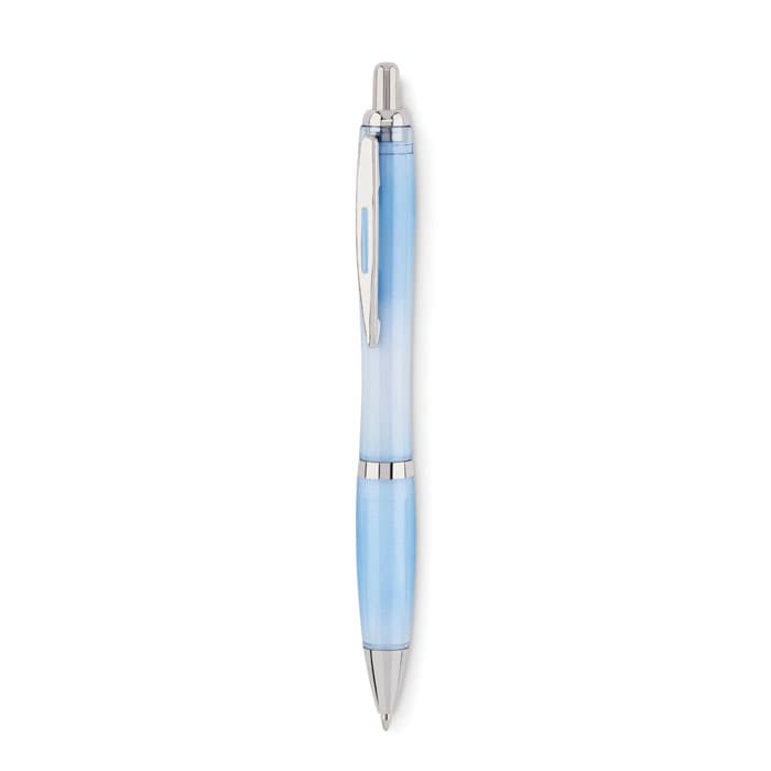 A blue and white gradient pen with a silver clip and trim, featuring a sleek design and a shiny finish.