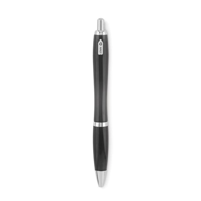 A sleek black pen with chrome accents and a branded logo. The design features a smooth, polished finish.