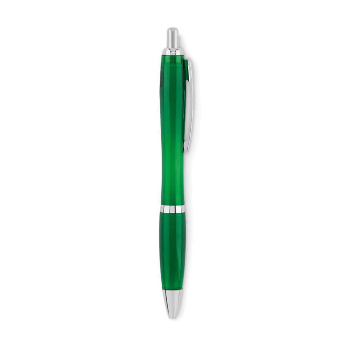 A green pen with a sleek design and chrome accents, featuring a push mechanism and a clip for attachment.