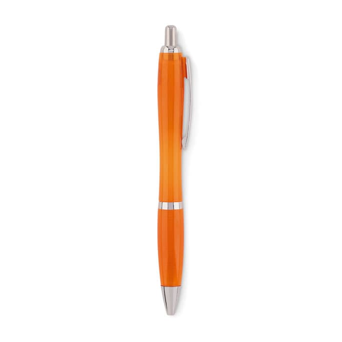 An orange and yellow gradient pen with a silver clip and tip, displaying a sleek, modern design.
