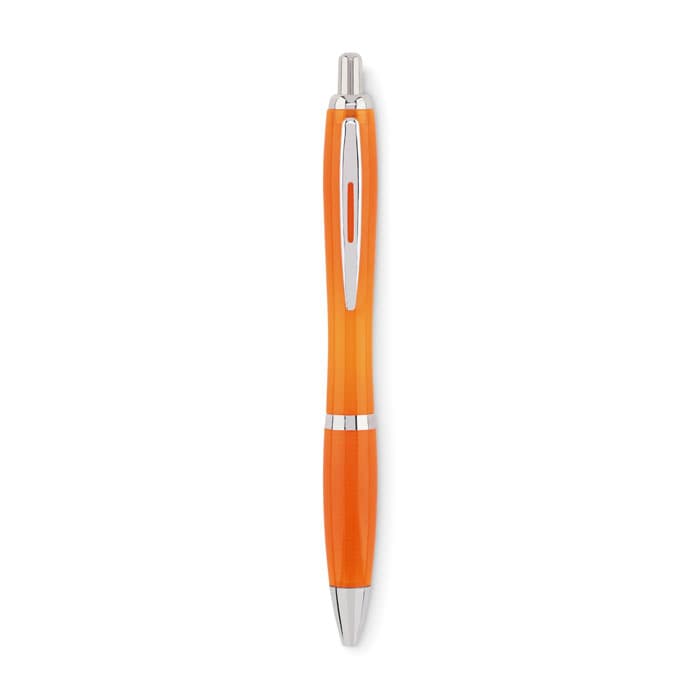 An orange pen with a glossy finish and silver accents, featuring a clip for attachment.