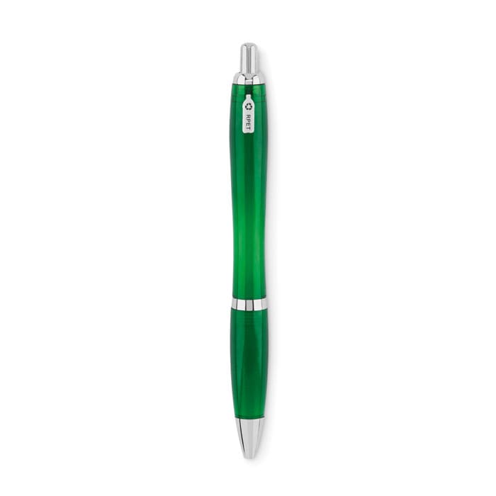 A green pen with a sleek design and silver accents, featuring a logo on the side.