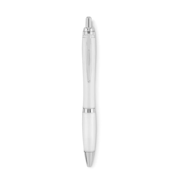 A white pen with chrome accents and a smooth barrel design, featuring a retractable tip and branding logo.
