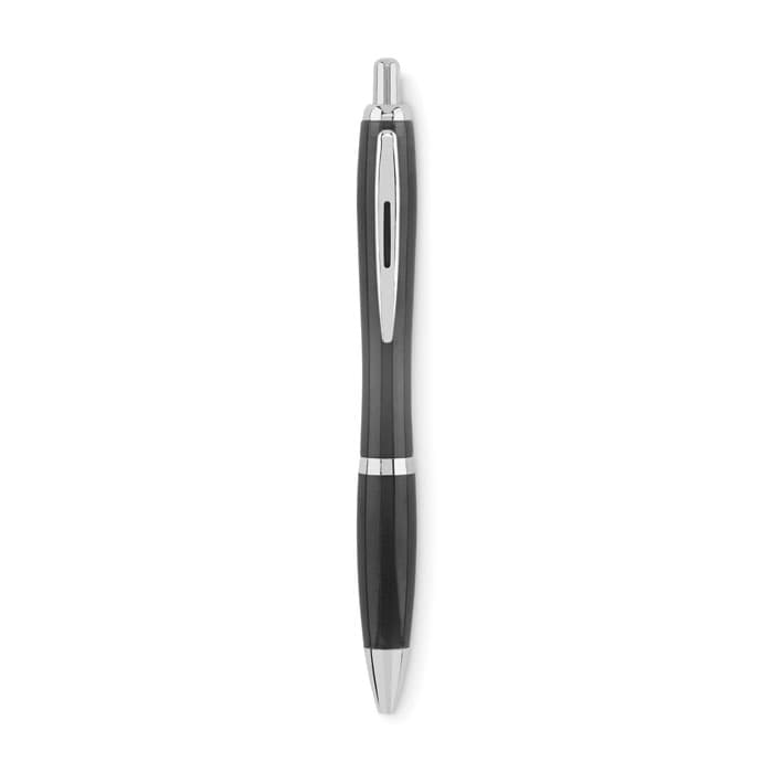 A black pen with a sleek design and chrome accents, featuring a click mechanism and a small window.