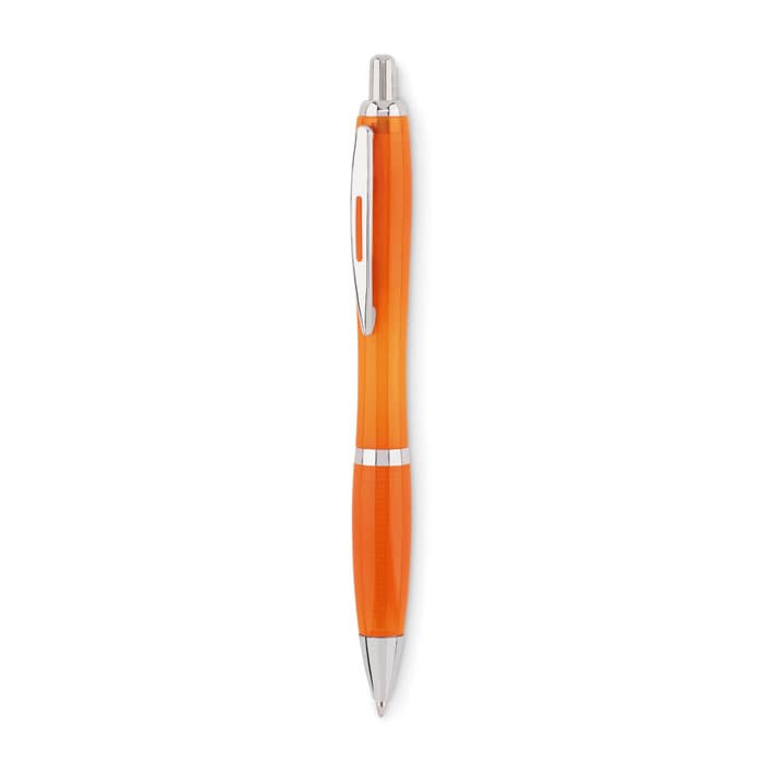 An orange and silver pen with a smooth finish and a clip for easy attachment.