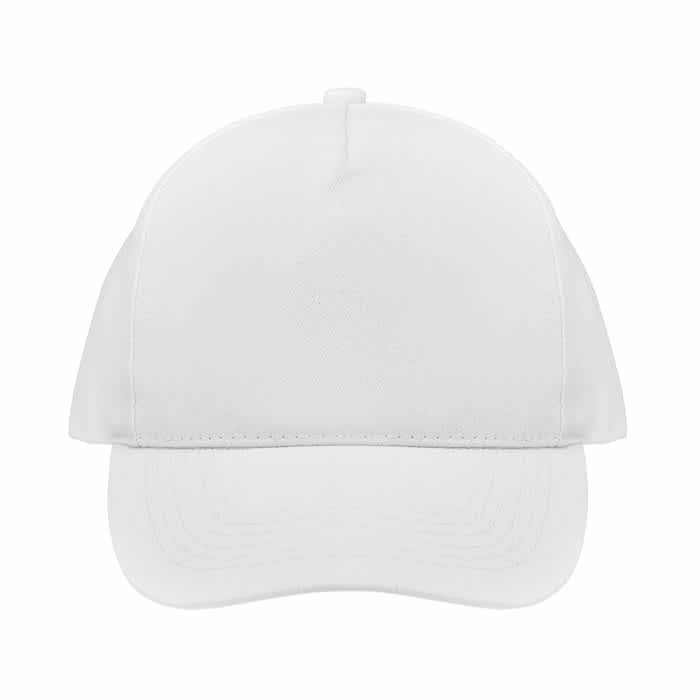 A white cap featuring a curved brim and a structured design. It has a logo on the front.