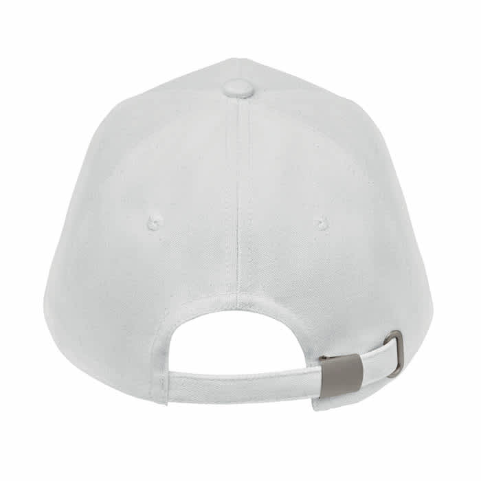 A white cap with a rear adjustable strap and a branding logo. The fabric appears smooth and structured.