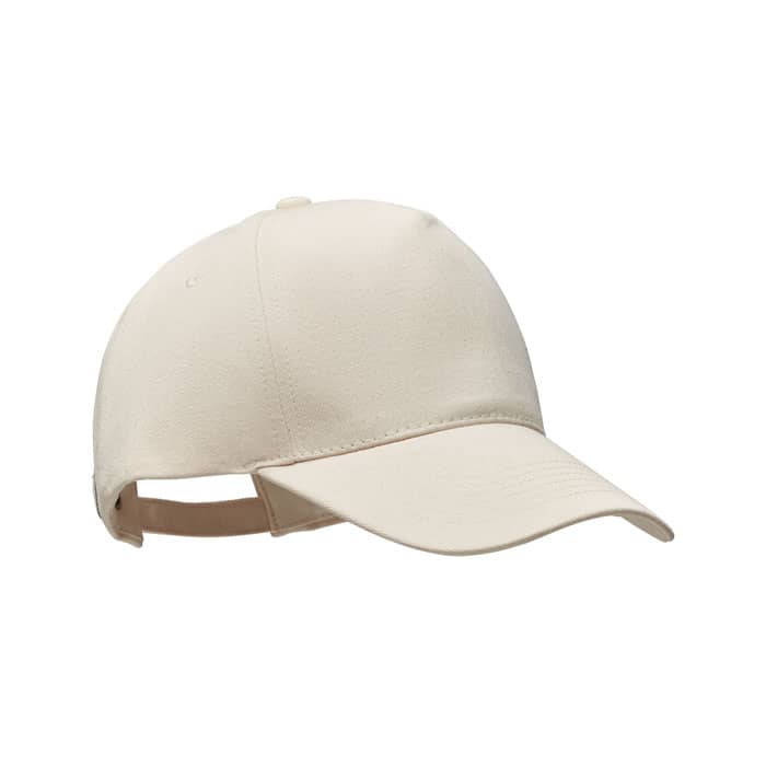 A beige cap with a curved brim and adjustable strap at the back. It features a logo on the front.