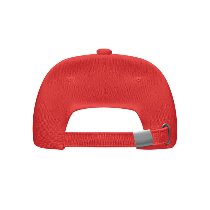A red cap with a flat visor, featuring an adjustable strap at the back and a logo on the side.