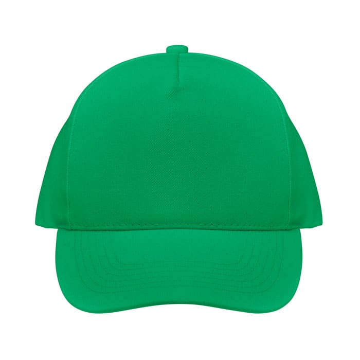 A green cap with a structured front and curved brim, featuring a logo at the front.