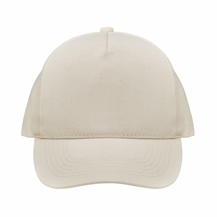 A beige cap featuring a structured front panel and a curved brim. It has a logo on the side.