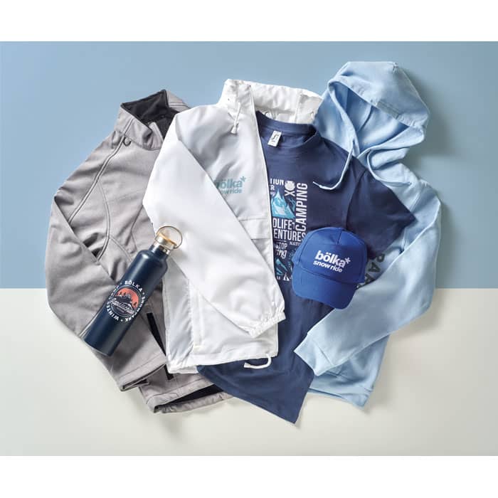 A drink bottle in navy blue, a light blue cap, and various apparel including jackets and a t-shirt in grey and blue.