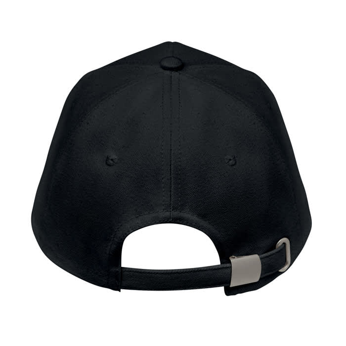 A black cap featuring a smooth texture, adjustable strap, and a button on top, with a logo on the back.