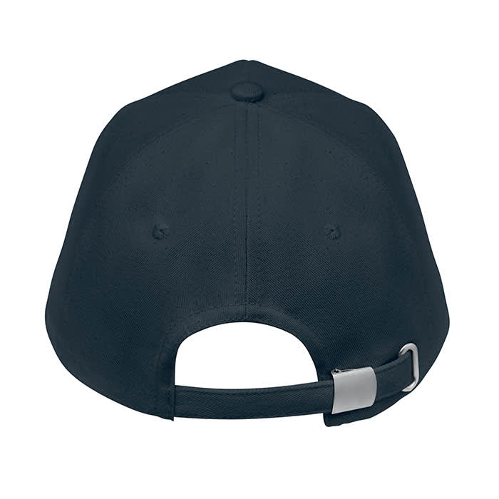 A dark navy cap featuring an adjustable strap at the back and a button on top. It has a logo on the side.