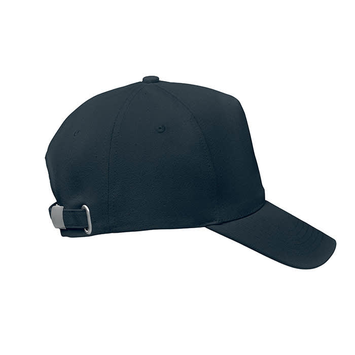 A navy blue cap featuring a curved brim and an adjustable strap at the back, complete with a logo.