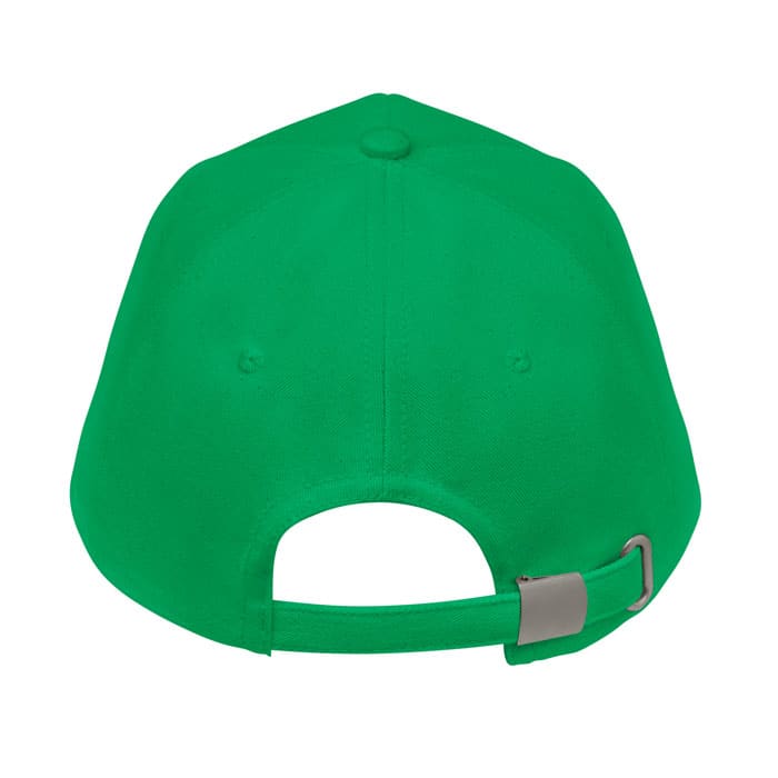 A green cap featuring a flat back design and an adjustable strap with a metal clasp. It has a logo on the back.