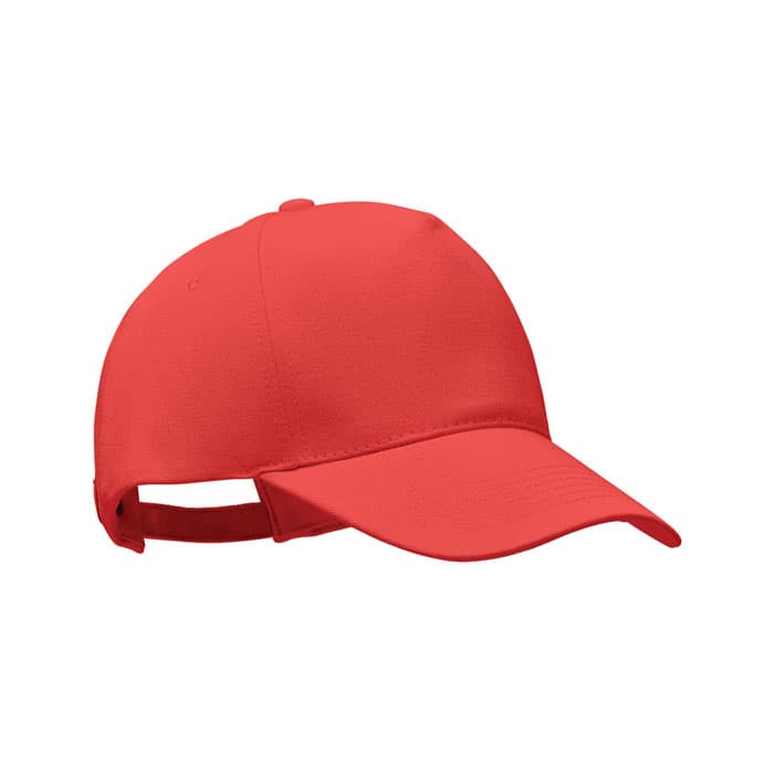 A red cap with a curved brim and an adjustable strap at the back. It features a logo on the front.